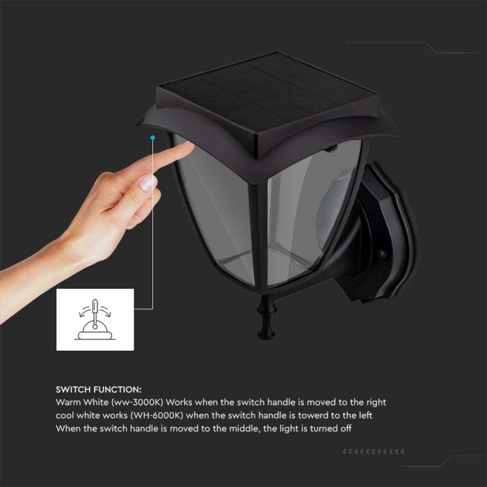 V-TAC Aplique Solar - IP65 Impermeable - Negro Mate - 2W - 110 Lumens - 3000K + 6000K-extra-8.webp