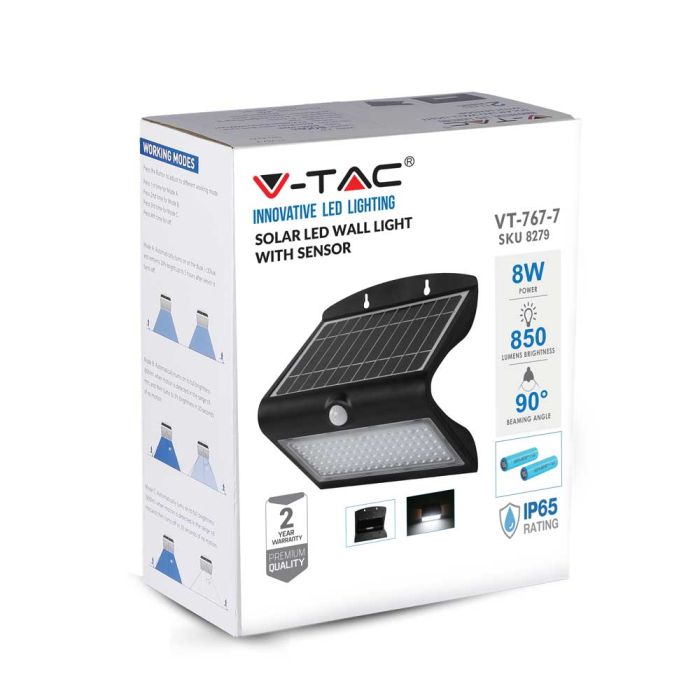 Aplique Solar V-TAC - IP65 Impermeable - Negro - 8W - 850 Lumens - 4000K-extra-8.webp