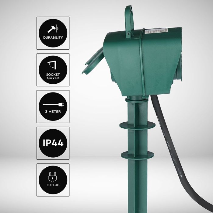 V-TAC Adaptadores y Tomas - 4 Vías - Tomas de Jardín - IP44 - Verde - 3m cable-extra-3.webp