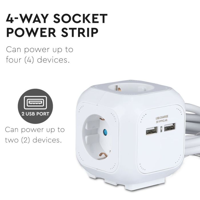 V-TAC Adaptadores y Tomas - 4 Vías - Cube USB Extension Socket - IP20 - Blanco - 1.4 m cable-extra-1.webp