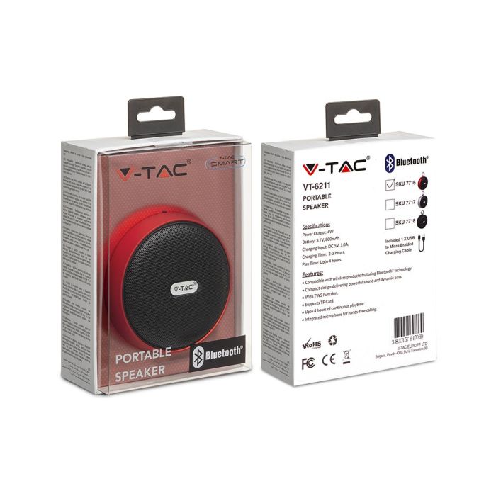 V-TAC Altavoz Bluetooth - Clip - Rojo - 4W - 800mAh-extra-3.webp