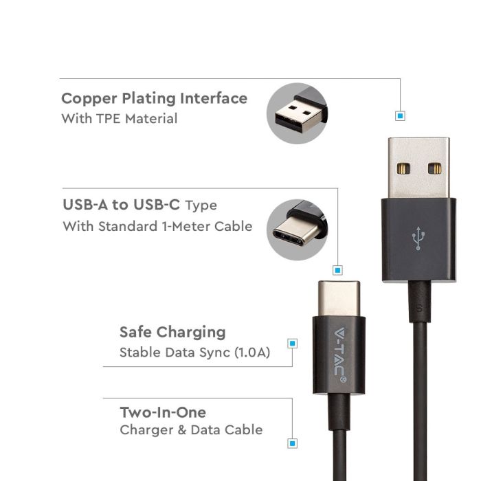 V-TAC Cable USB - Tipo C - Silver Series - Negro - 1M-extra-3.webp