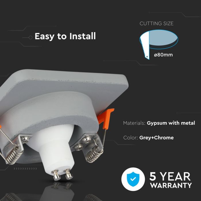 V-TAC LED Aro de yeso / hormigón cuadrado - Empotrable - GU10 - IP20 - Gris + Cromo-extra-4.webp