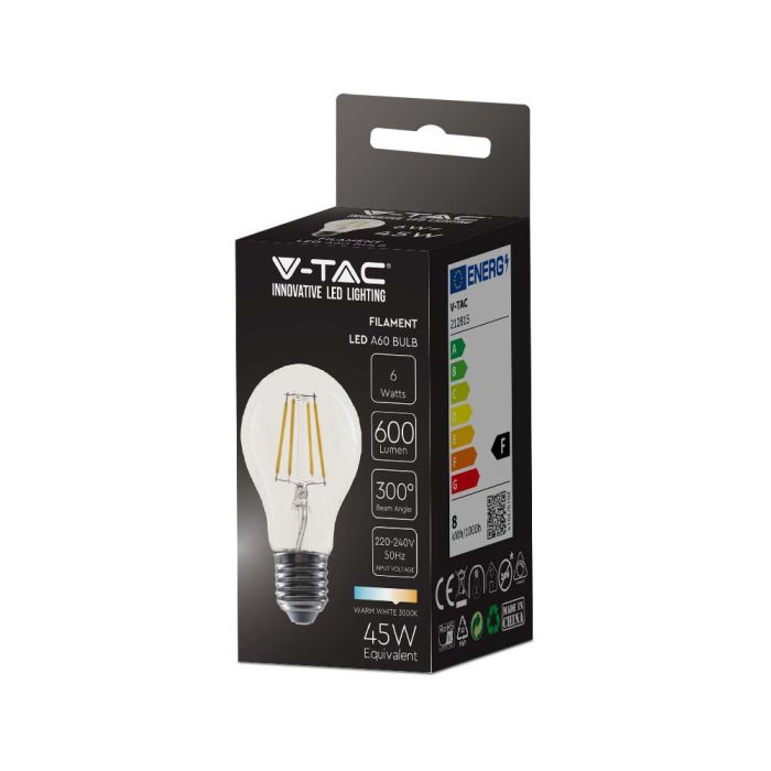 Bombilla LED V-TAC - E27 Transparente - Filamento - A60 - Soporte E27 - IP20 - 6W - 600 Lumens - 3000K-extra-3.webp