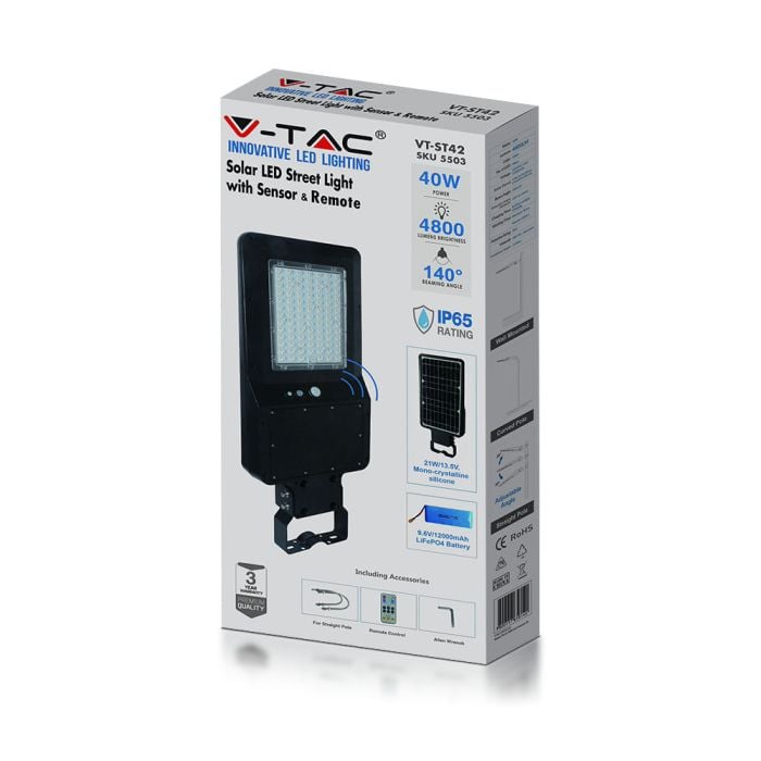 V-TAC Farola Solar - IP65 Impermeable - Negra - 40W - 4800 Lumens - 4000K-extra-5.webp