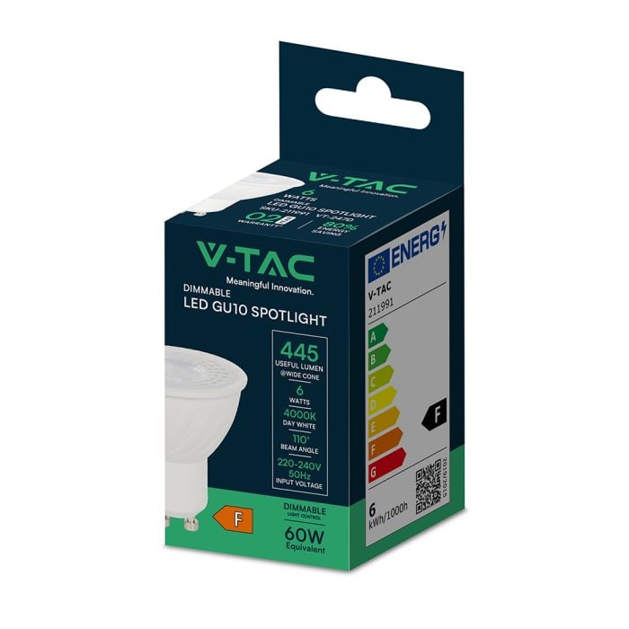 V-TAC LED Dimmable Spot Light - GU10 - Lente 110° - IP20 - Blanco - 6W - 445 Lumens - 3000K - Pack de 25-extra-7.webp