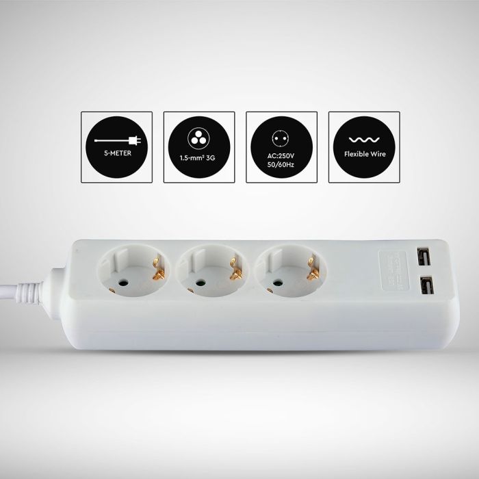 Adaptadores y tomas V-TAC - 3 vías - Toma de extensión USB - IP20 - Blanco - Cable de 5 m-extra-6.webp