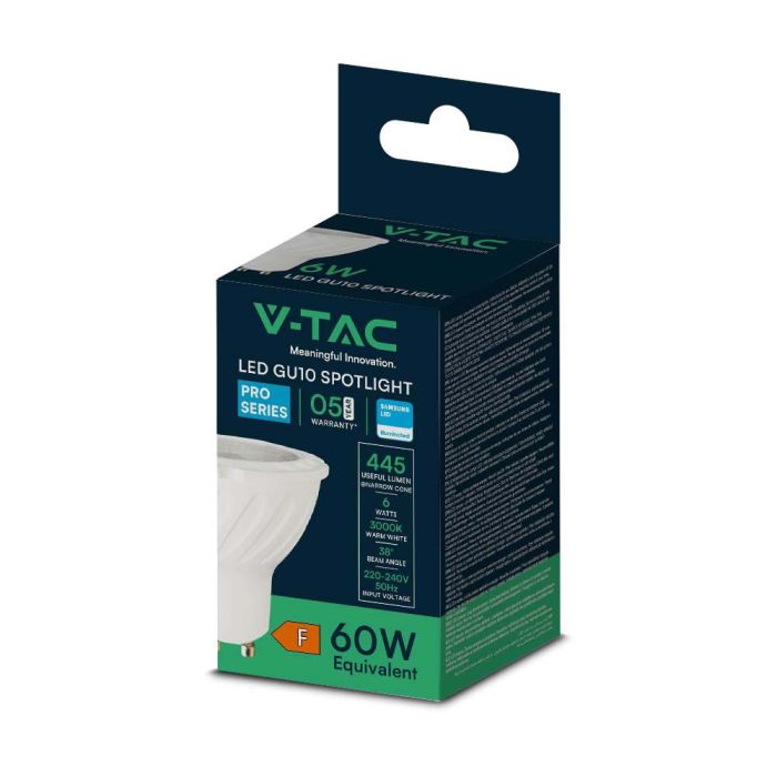 V-TAC LED Dicroica - Samsung - GU10 - Lente 38° - IP20 - 6W- 445 Lumens - 3000K-extra-6.webp