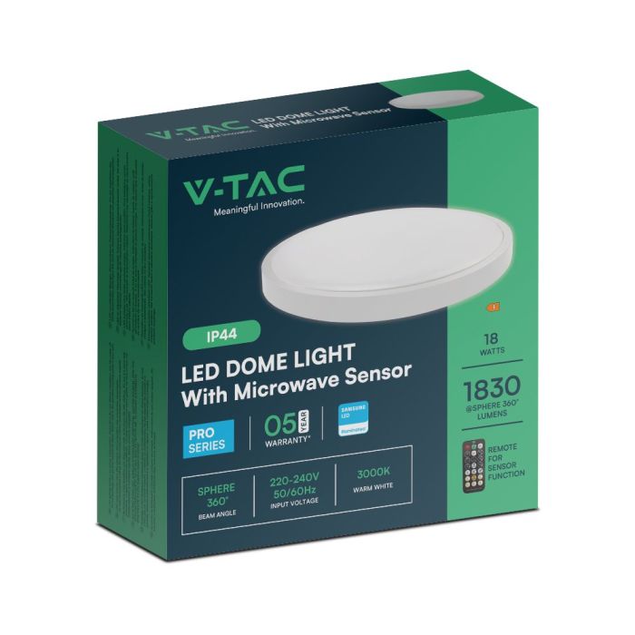 V-TAC LED Plafón redondo - Samsung - Sensor - IP44 - Blanco - 18W- 1830 Lumens - 3000K - 295MM-extra-9.webp