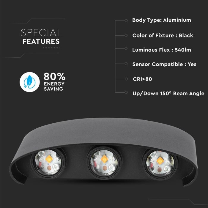 Aplique LED Semi Ovalado V-TAC - Bridgelux - Negro - IP54 - 6W - 540 Lumens - 3000K-extra-1.webp