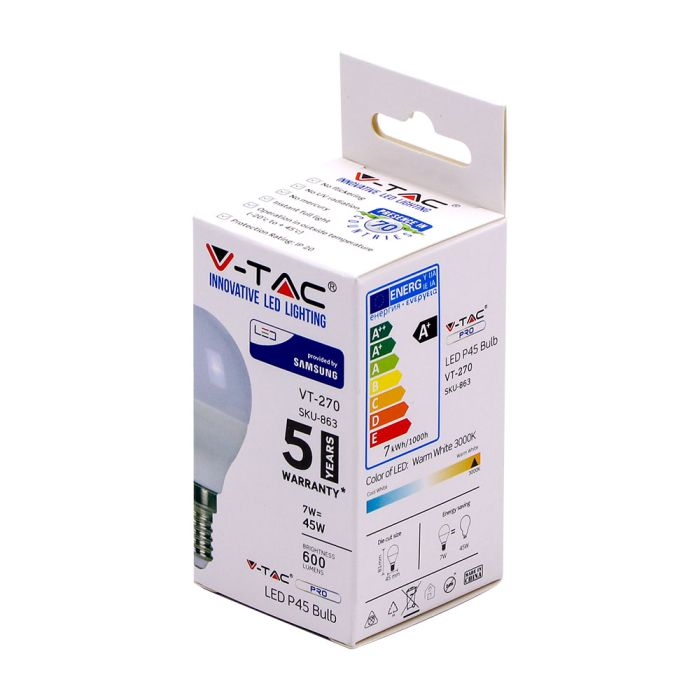 Bombilla LED V-TAC - Samsung - Golf - Soporte E14 - IP20 - Blanca - 7W - 600 Lúmenes - 3000K-extra-7.webp