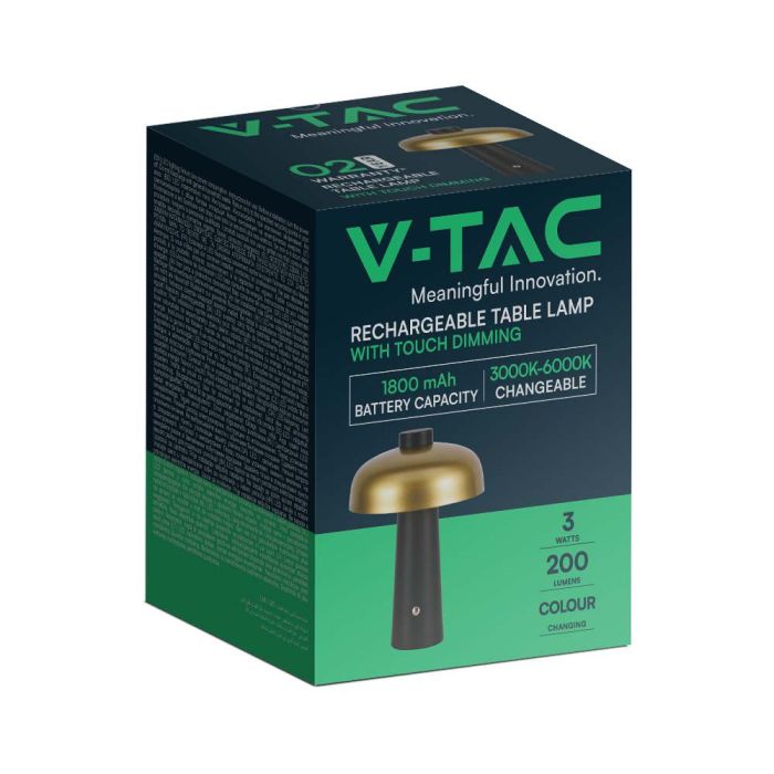 V-TAC Lámpara de Sobremesa Recargable - IP20 - Pintada - Oro + Negro - 3W - 200 Lumens - 3IN1-extra-7.webp