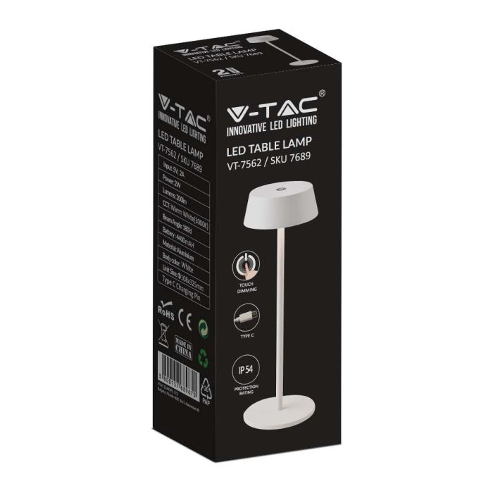 V-TAC Lámpara de Sobremesa Recargable - IP54 - Blanca - 2W - 200 Lumens - 3000K-extra-6.webp