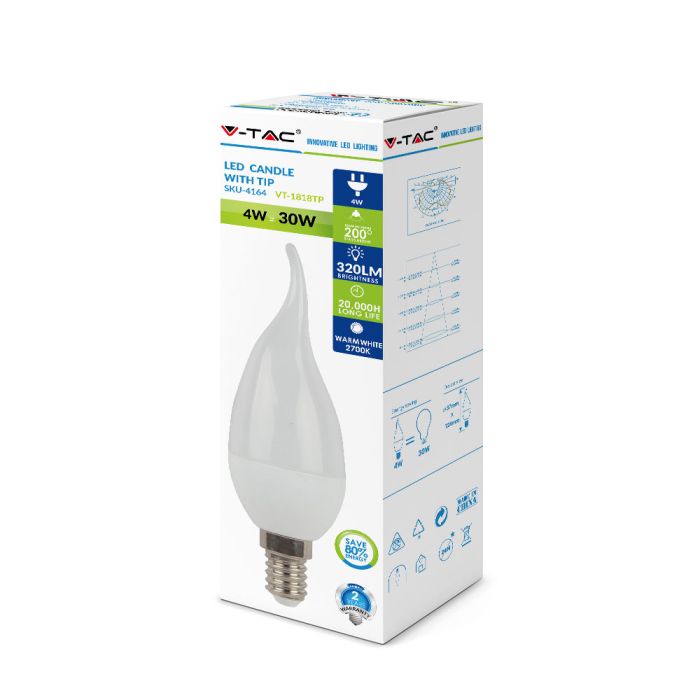 Bombilla LED V-TAC - Vela - Soporte E14 - IP20 - Blanca - 4W - 320 Lumens - 4000K-extra-1.webp