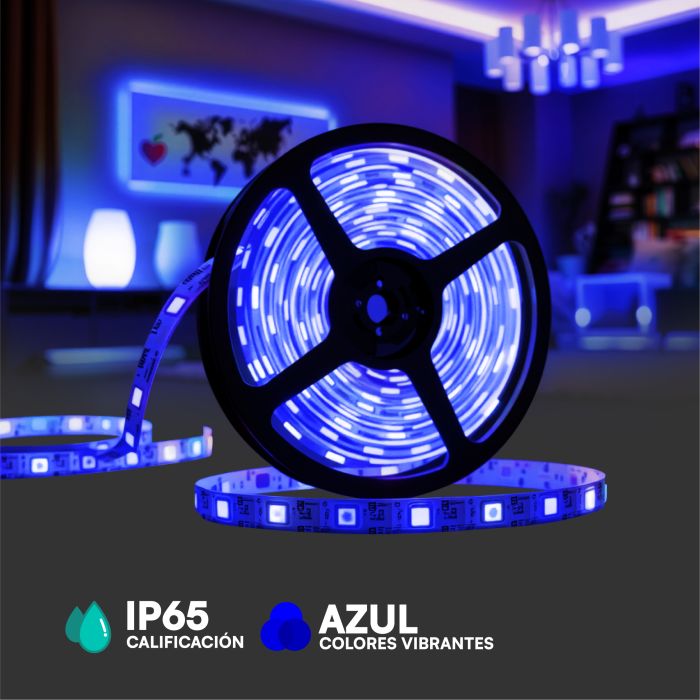 Tira de luz LED V-TAC - 220V - IP65 Impermeable - Código de color: Azul - Rollo de 10m