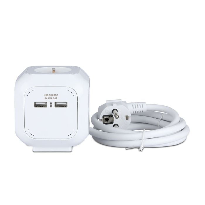 V-TAC Adaptadores y Tomas - 4 Vías - Cube USB Extension Socket - IP20 - Blanco - 1.4 m cable