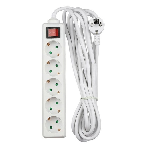 [8767] V-TAC Adaptadores y Tomas de Corriente - 5 Vías - Toma de Extensión para Interruptor - IP20 - Blanco - 5m de Cable