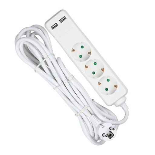 [8775] Adaptadores y tomas V-TAC - 3 vías - Toma de extensión USB - IP20 - Blanco - Cable de 5 m